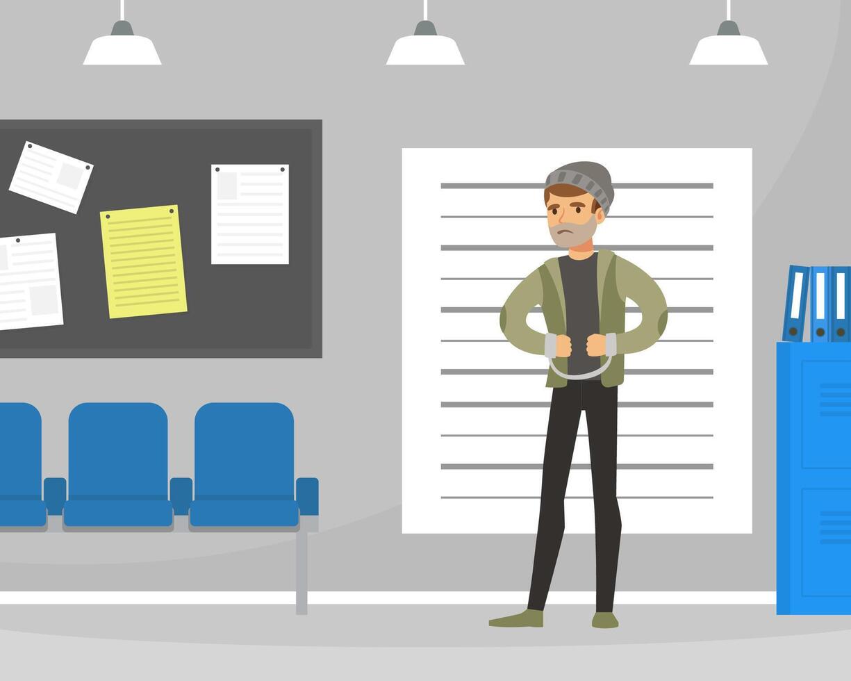 Arrested Criminal Posing at Measuring Height Scale in Police Station, Robbery and Security Concept Flat Illustration vector