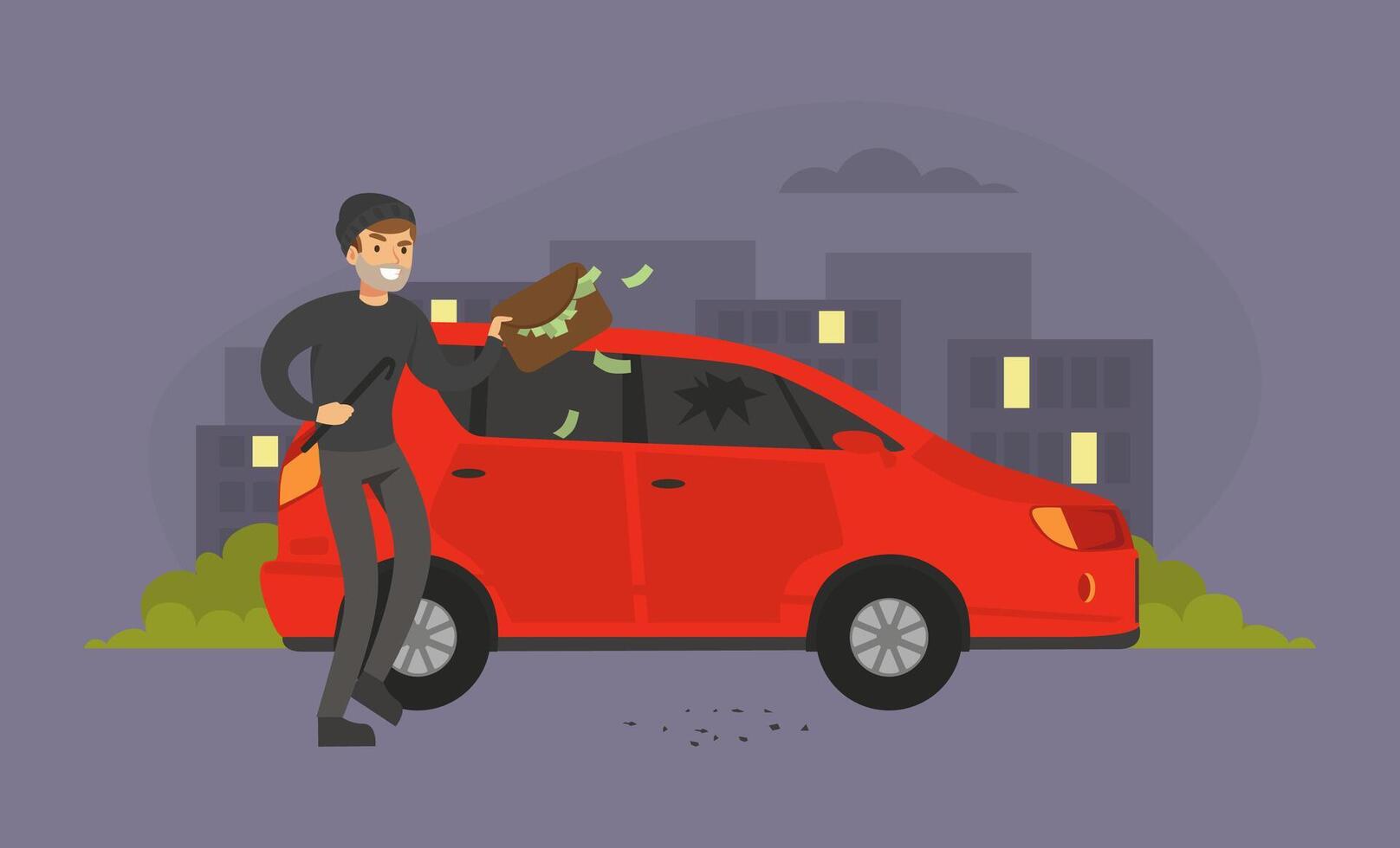 Male Burglars Stealing Handbag with Money from Car in the Street, Thief Committing Robbery, Criminal Scene Flat Illustration vector