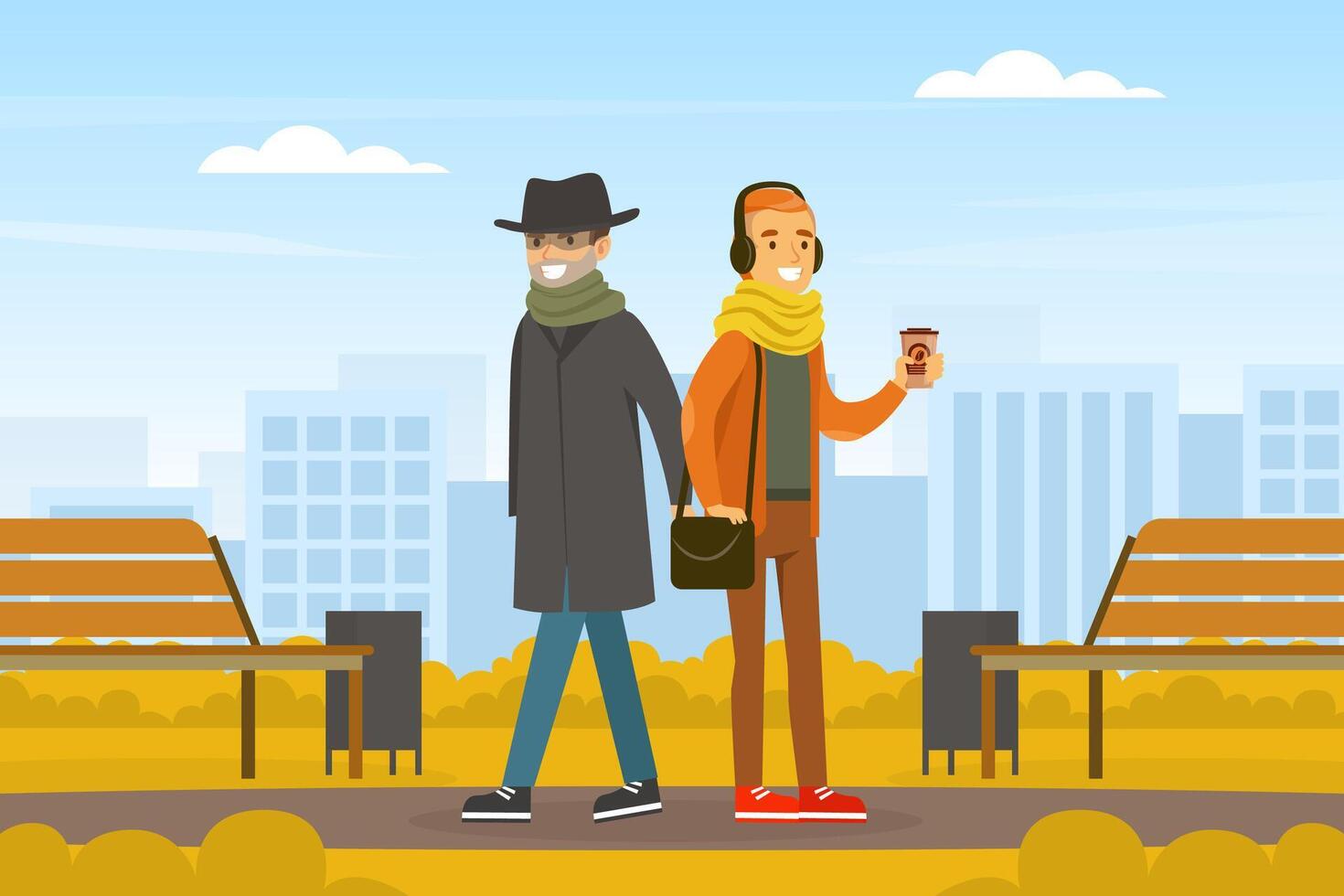 Male Thief Pickpocket Stealing Purse from Man Handbag in the Park, Burglar Committing Robbery, Criminal Scene Flat Illustration vector