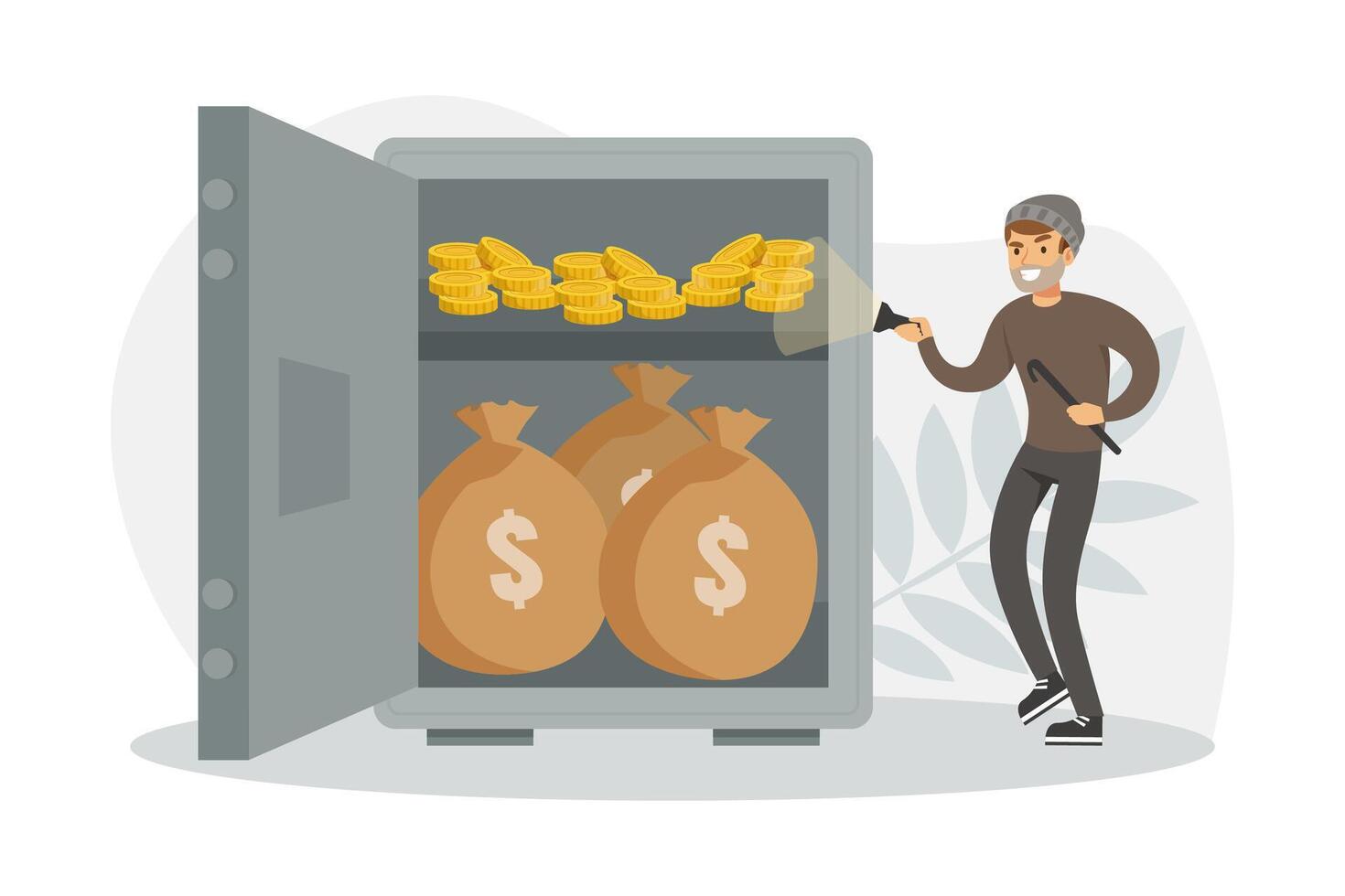 Male Burglars Stealing Money from Safe, Thief Committing Robbery, Lawless Financial Criminal Scene Flat Illustration vector
