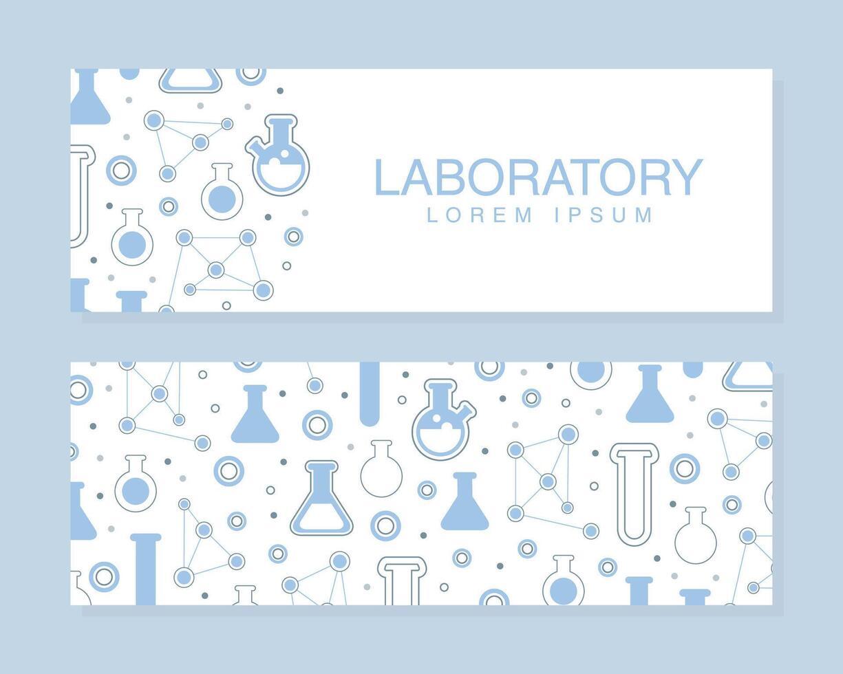 Laboratory Banner Template, Pharmacy, Chemistry, Science, Medicine Poster, Flyer Design with Lab Equipment Seamless Pattern Illustration vector