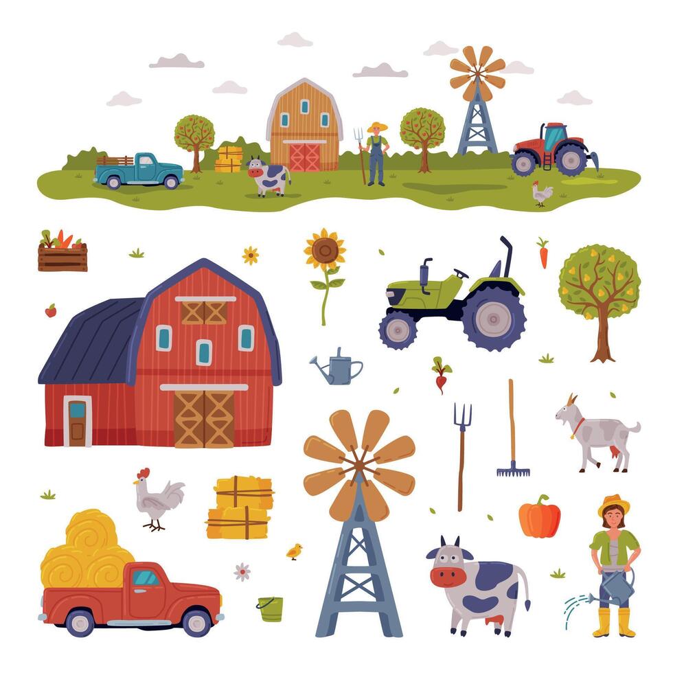 Farm Rural Buildings and Agricultural Objects Set, Farmhouse, Windmill, Tractor, Pickup, Livestock, Agriculture and Farming Concept Cartoon Style Illustration vector