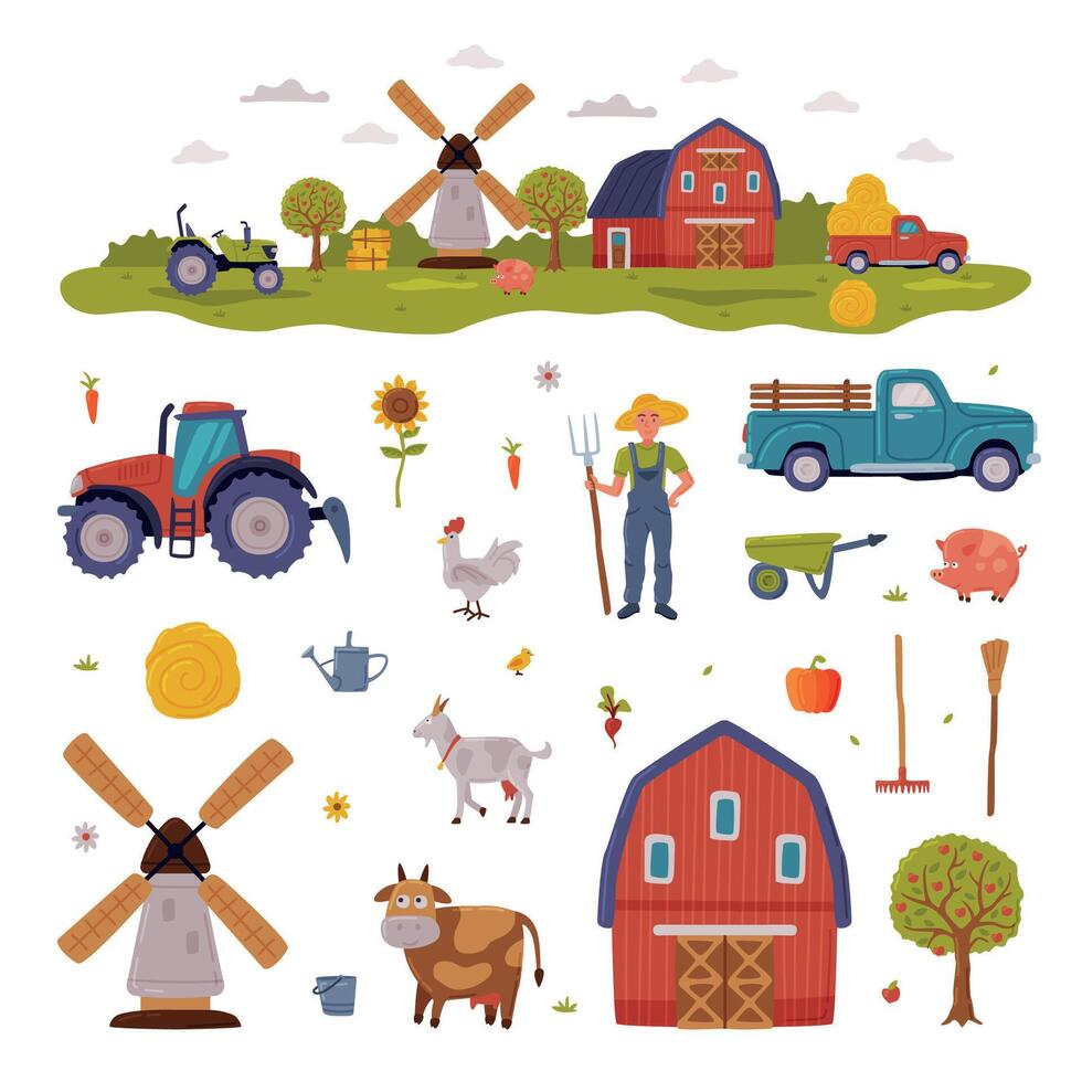 Farm Rural Buildings and Agricultural Objects Set, Barn, Mill, Tractor, Pickup, Livestock, Agriculture, Gardening and Farming Concept Cartoon Style Illustration vector