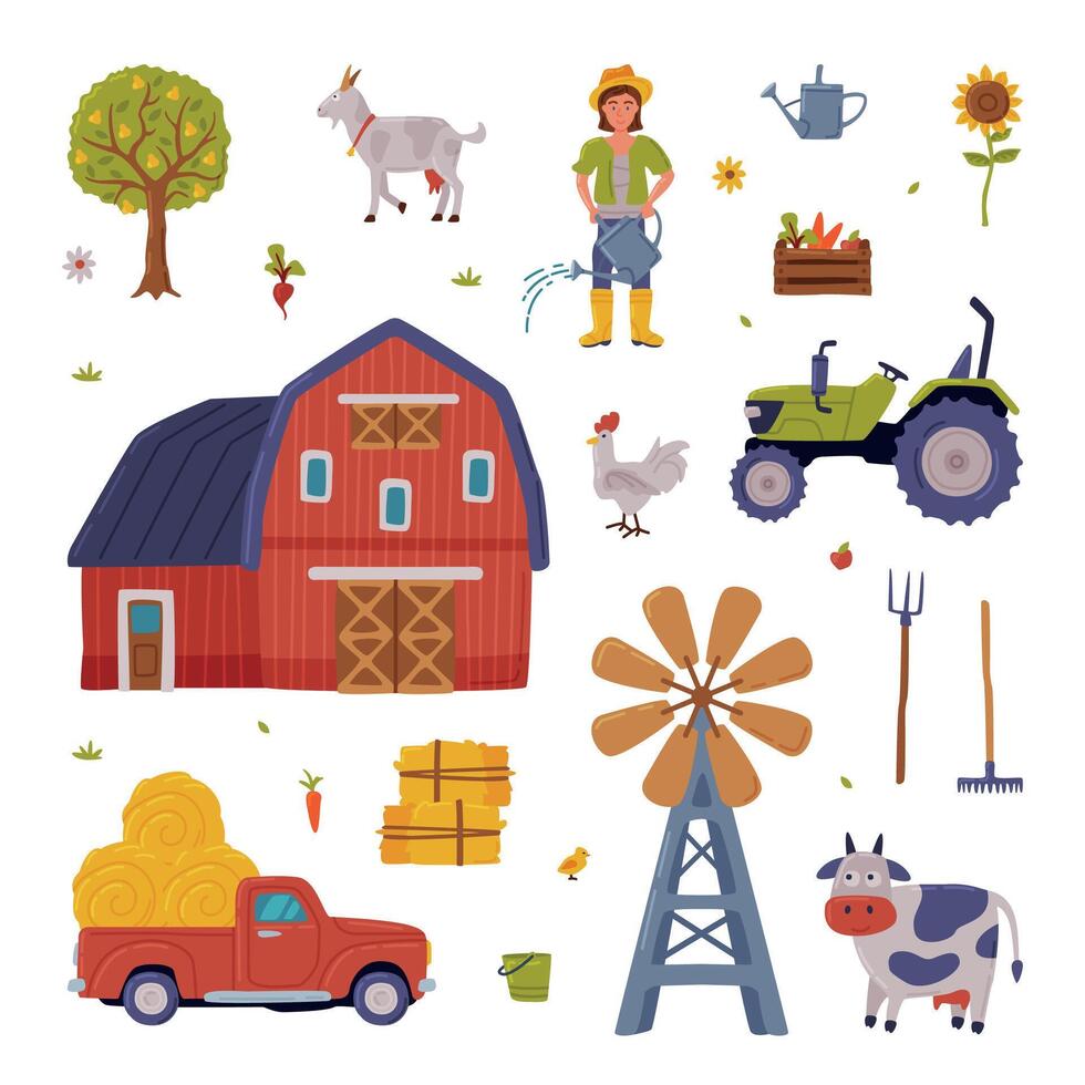Rural Building and Agricultural Objects Collection, Farmhouse, Windmill, , Livestock Animals, Agriculture and Farming Concept Cartoon Style Illustration vector