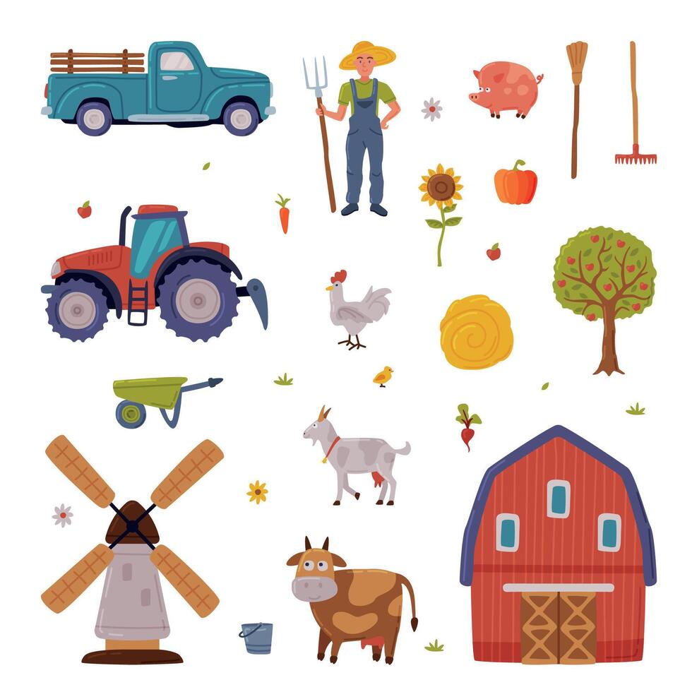 Rural Building and Agricultural Objects Set, Farmhouse, Mill, Tractor, Pickup, Livestock, Agriculture and Farming Concept Cartoon Style Illustration vector