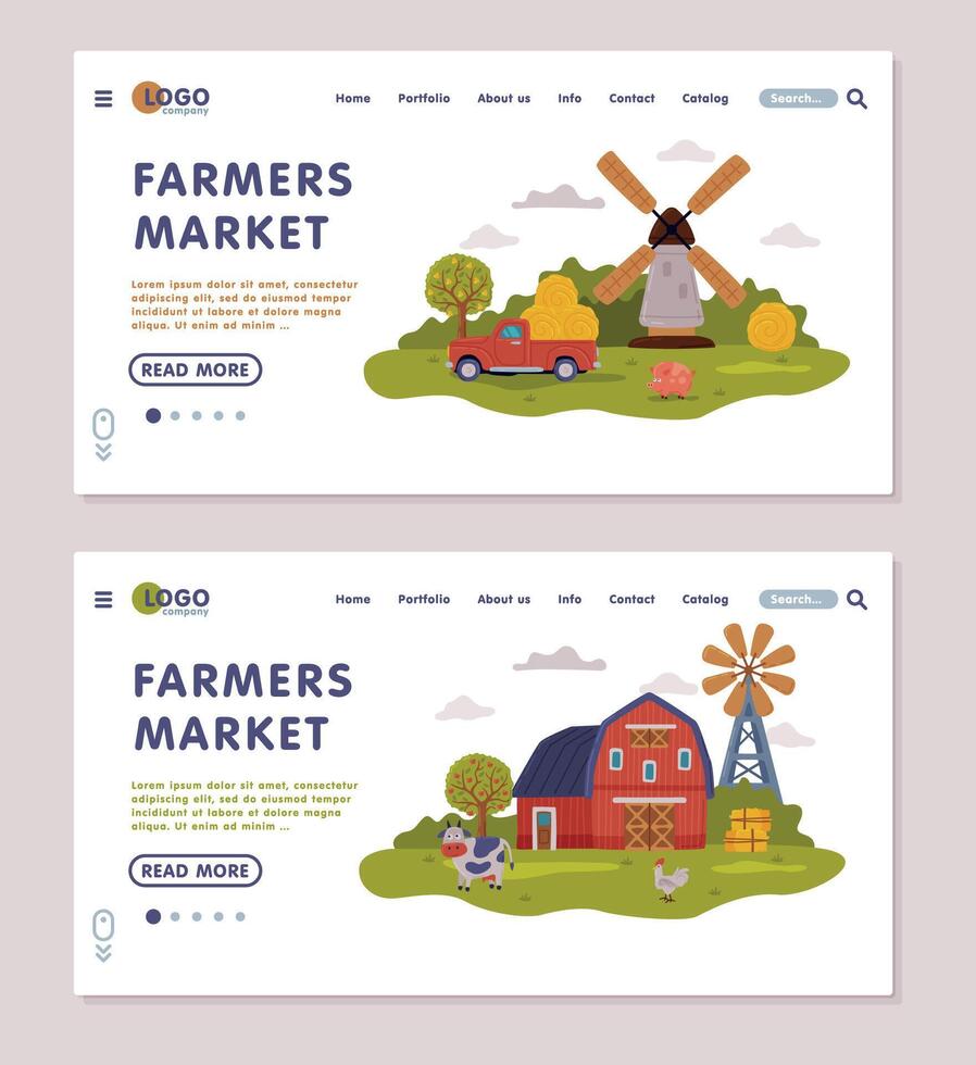 Farmers Market Landing Page Templates Set, Farm Scenes with Farmhouse, Mill and Agricultural Objects Onboard Screens, Agriculture and Farming Concept Illustration vector