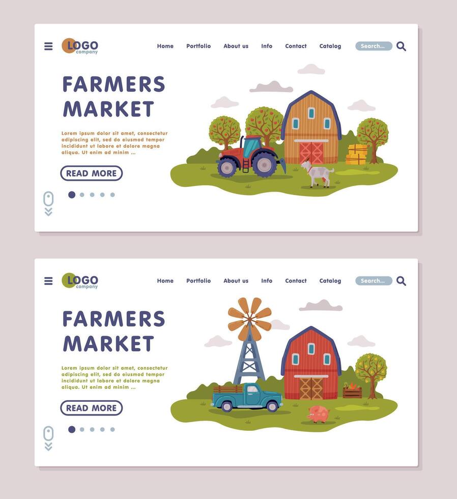 Farm Market Landing Page Templates Set, Farm Scenes with Agricultural Buildings Onboard Screens, Agriculture and Farming Concept Illustration vector