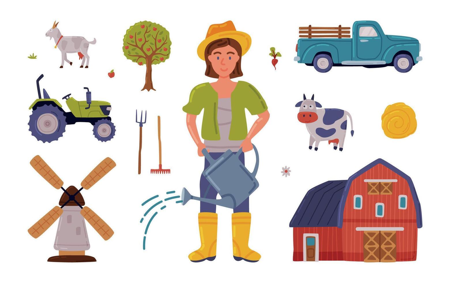 Female Farmer and Agricultural Objects Collection, Farmhouse, Mill, Tractor, Gardening Tools, Agriculture and Farming Concept Cartoon Style Illustration vector
