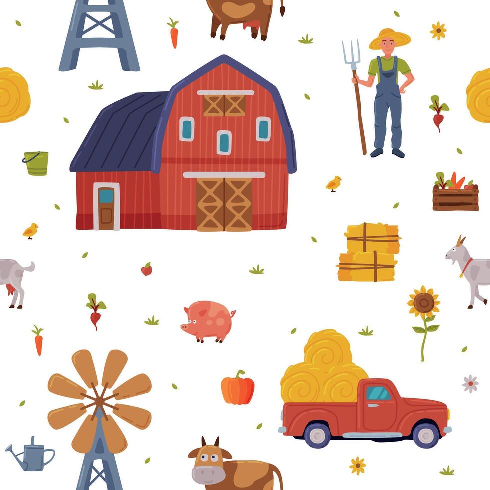 Farm Building and Agricultural Objects Seamless Pattern, Agriculture, Gardening and Farming Background, Textile, Packaging, Wallpaper Design Illustration vector