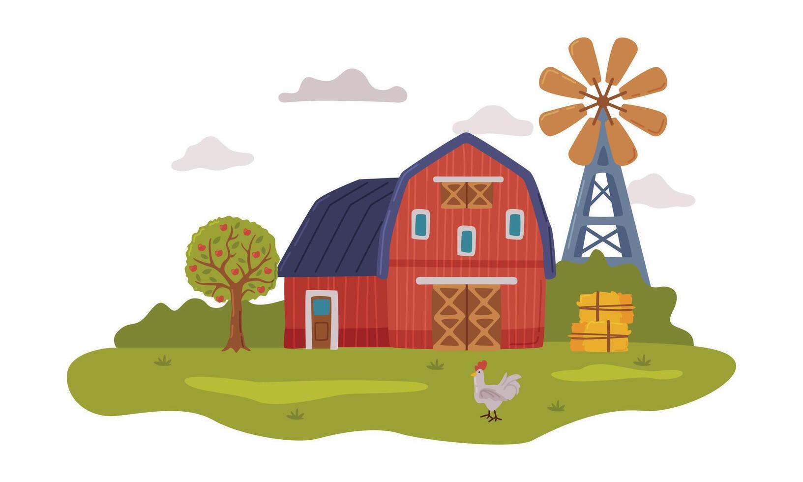 Farm Scene with Red Barn and Windmill, Agriculture, Gardening and Farming Concept Cartoon Style Illustration vector