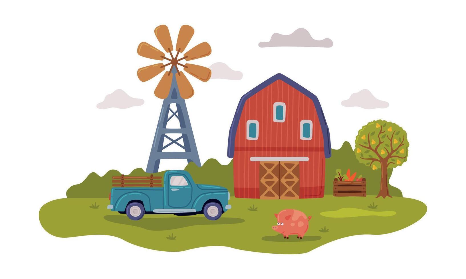 Farm Scene with Red Farmhouse, Tractor and Windmill, Agriculture, Gardening and Farming Concept Cartoon Style Illustration vector