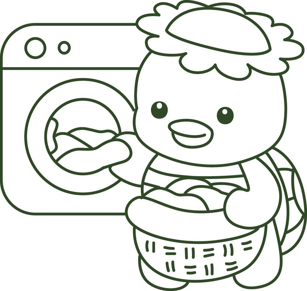 Outline of kappa cleaning the clohtes in the washing machine. Coloring pages of cute kappa. vector