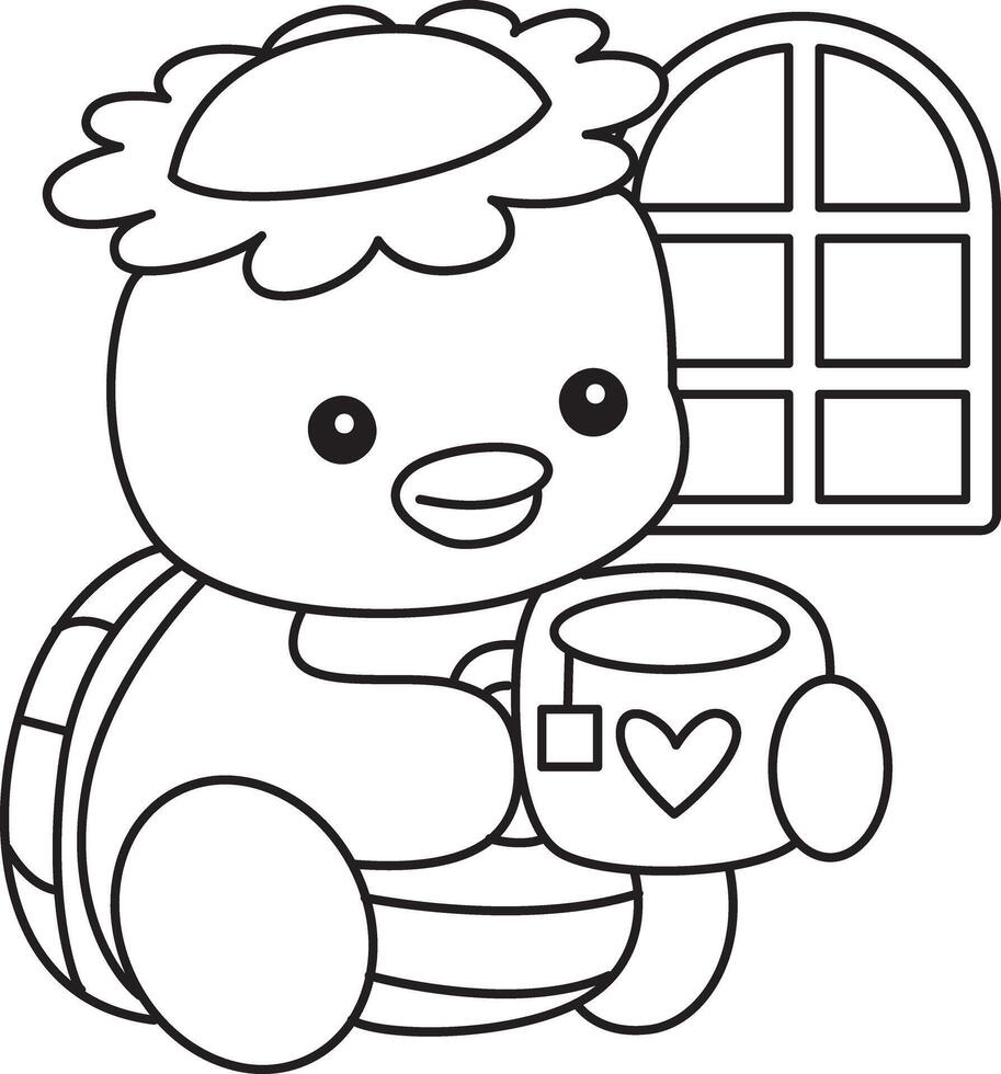 Outline of kappa drinking a hot tea. Coloring pages of cute kappa. vector