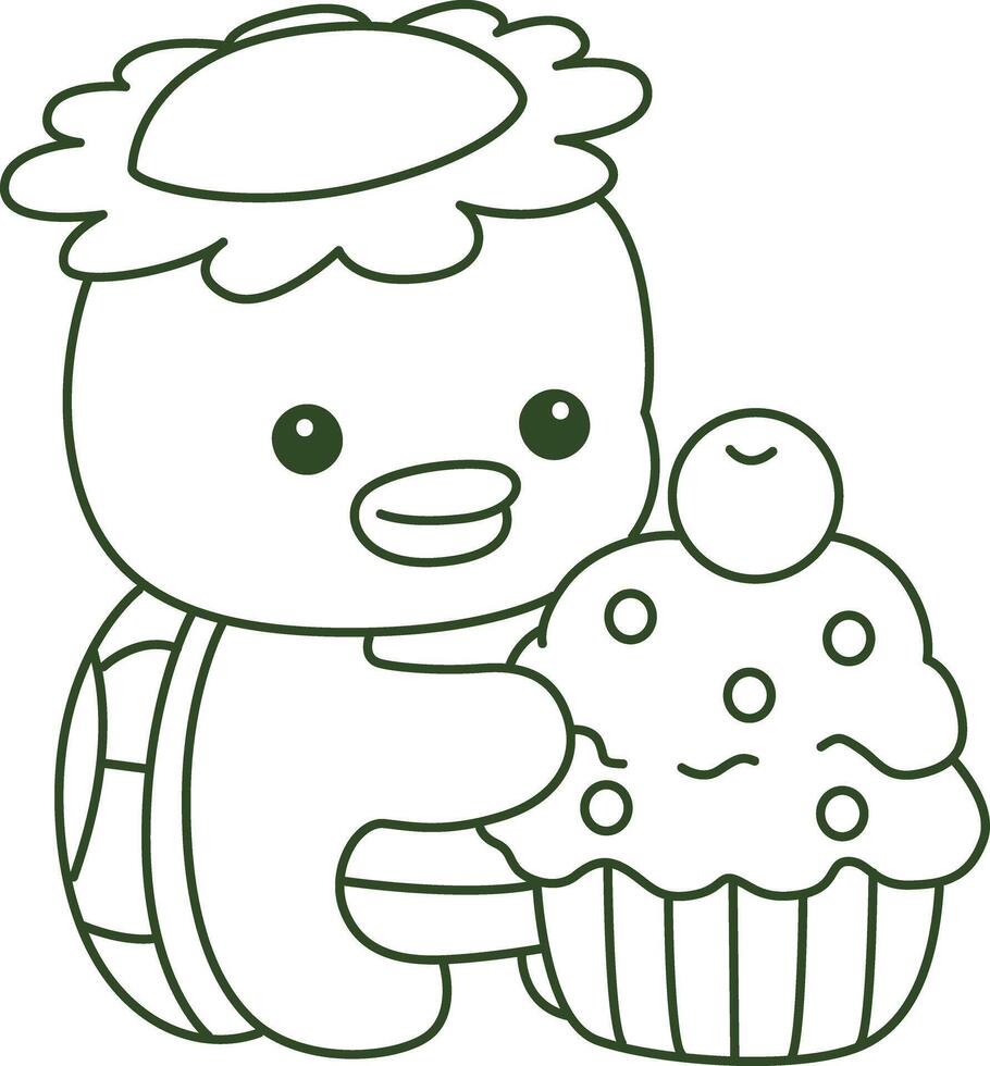 Outline of kappa bring a creamy cupcake. Coloring pages of cute kappa. vector
