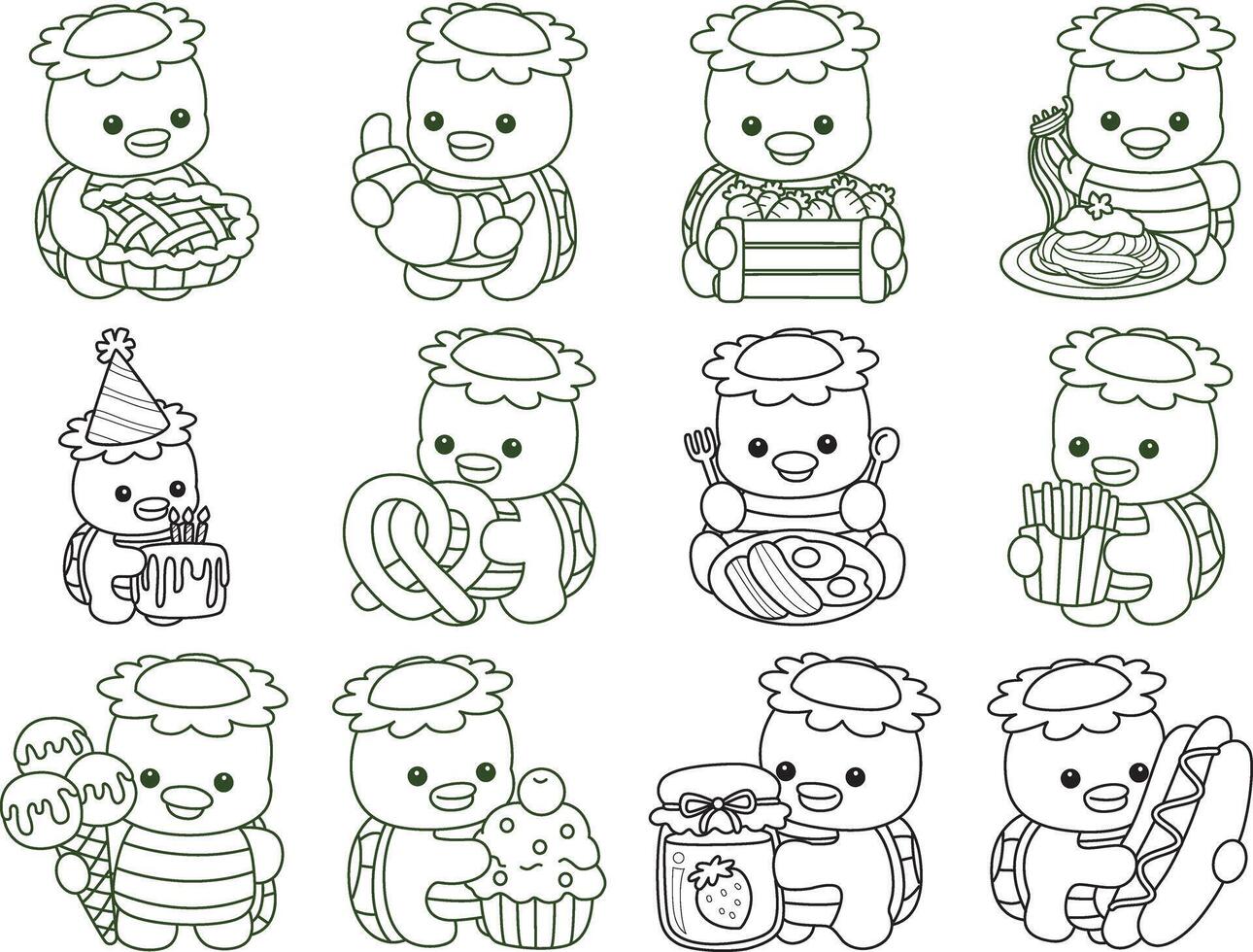 Outline of kappa with variation of junk food and dessert. Coloring pages of cute kappa. vector