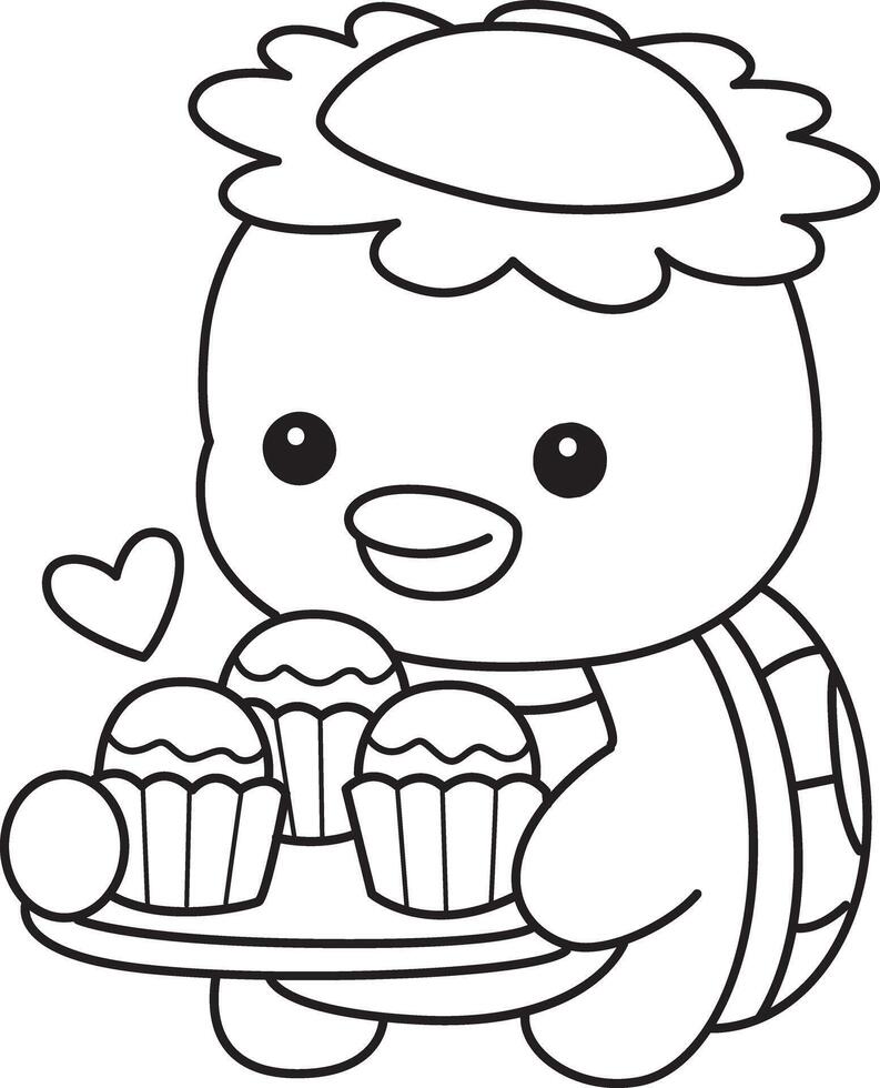 Outline of kappa bring a three of cupcakes. Coloring pages of cute kappa. vector
