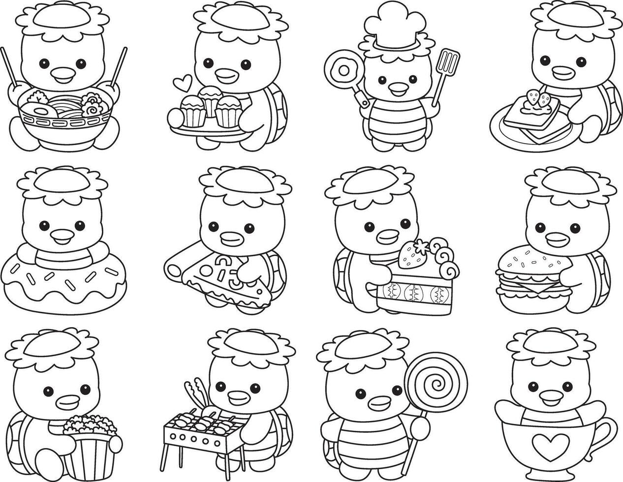 Outline of kappa in the variation of fast food and snack. Coloring pages of cute kappa. vector