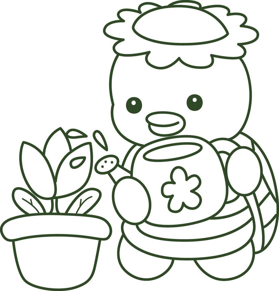 Outline of kappa watering a flower. Coloring pages of cute kappa. vector