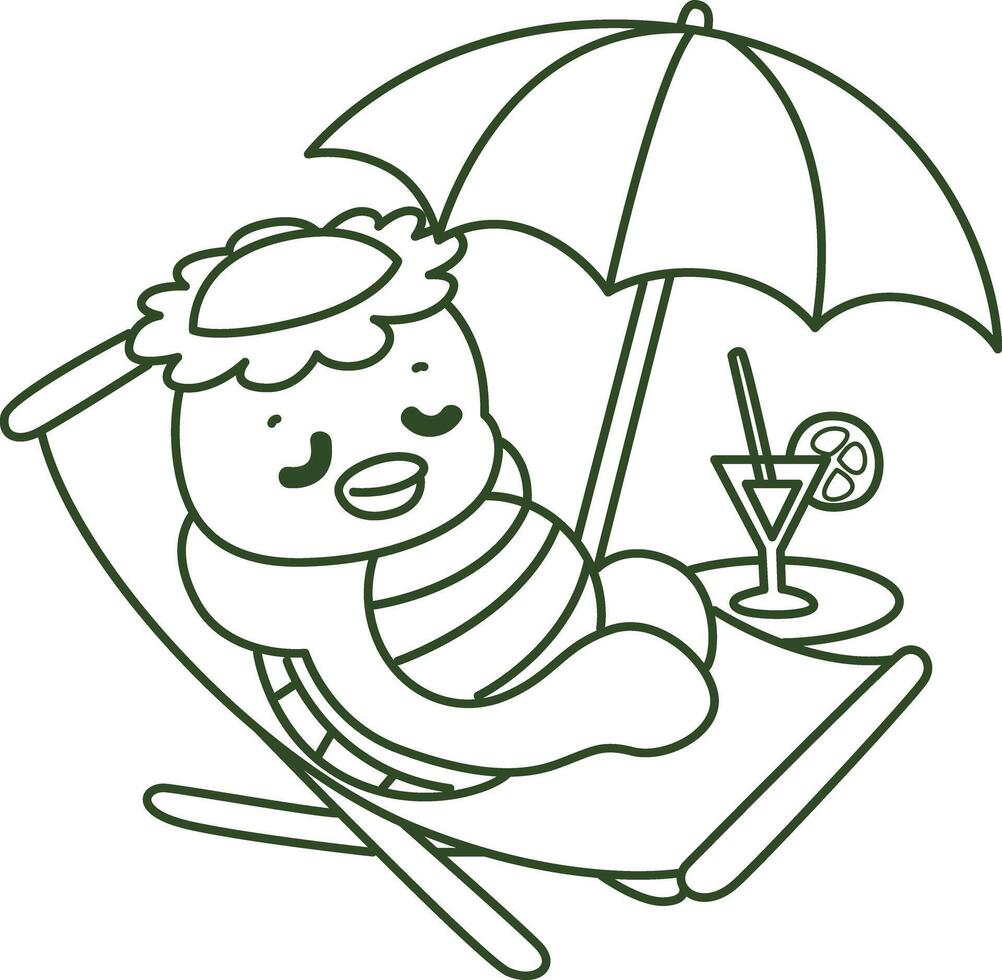 Outline of kappa laying in the beach. Coloring pages of cute kappa. vector