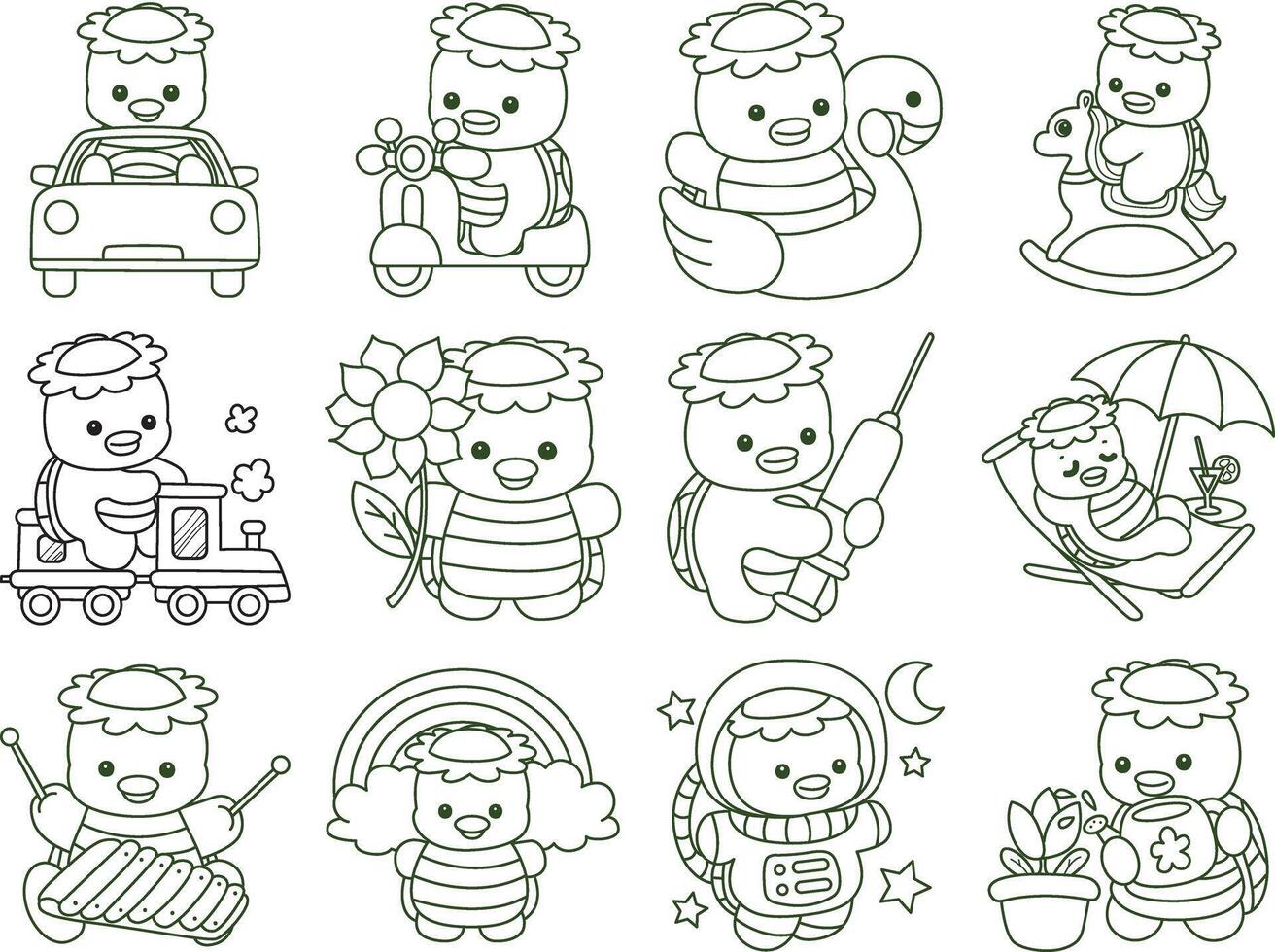 Outline of kappa in the variation of transportation. Coloring pages of cute kappa. vector