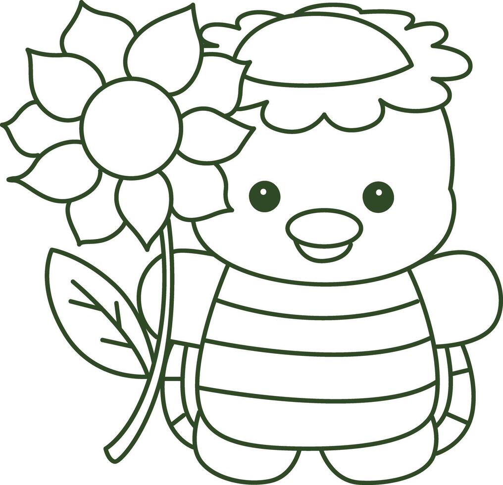 Outline of kappa bring a sun flower. Coloring pages of cute kappa. vector