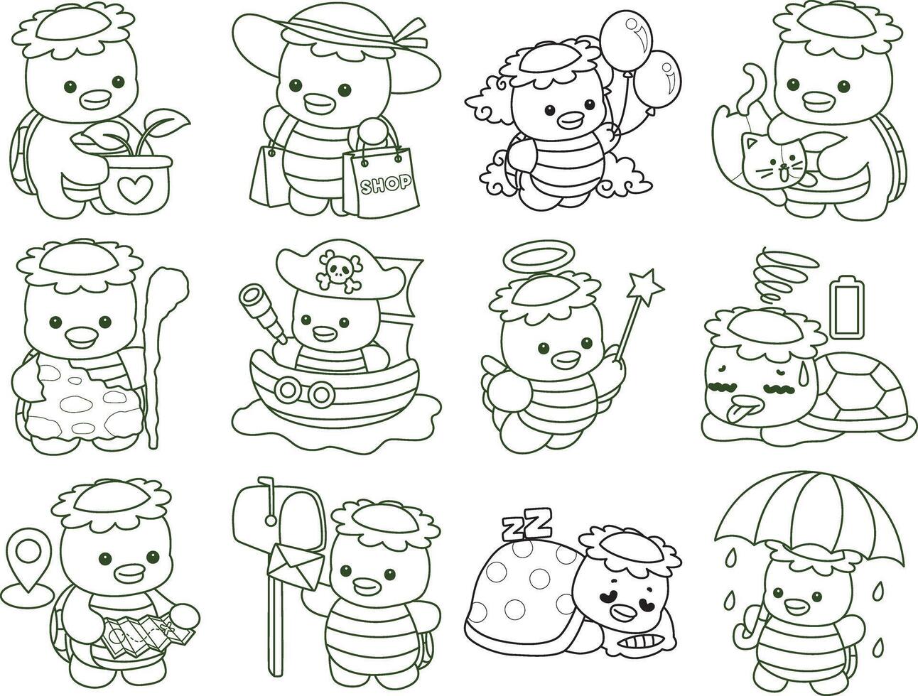 Outline of kappa in the variation of saily life. Coloring pages of cute kappa. vector