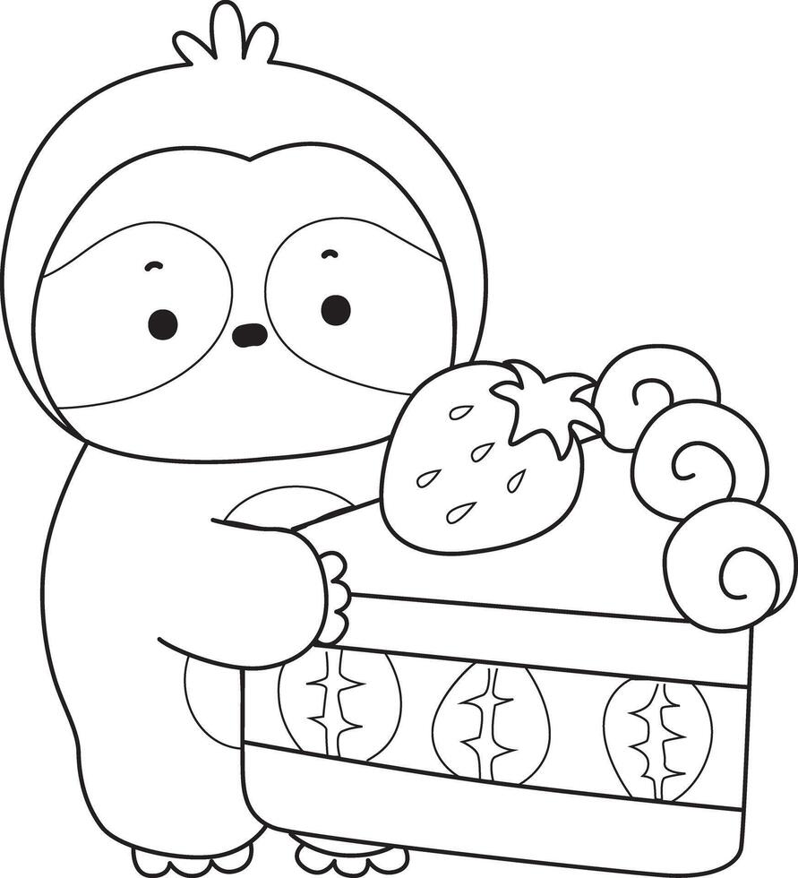 Outline of sloth bring a strawberry cake. Coloring pages of cute sloth. vector