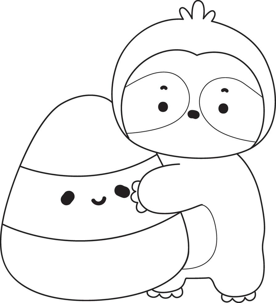 Outline of sloth bring a yellow candy. Coloring pages of cute sloth. vector