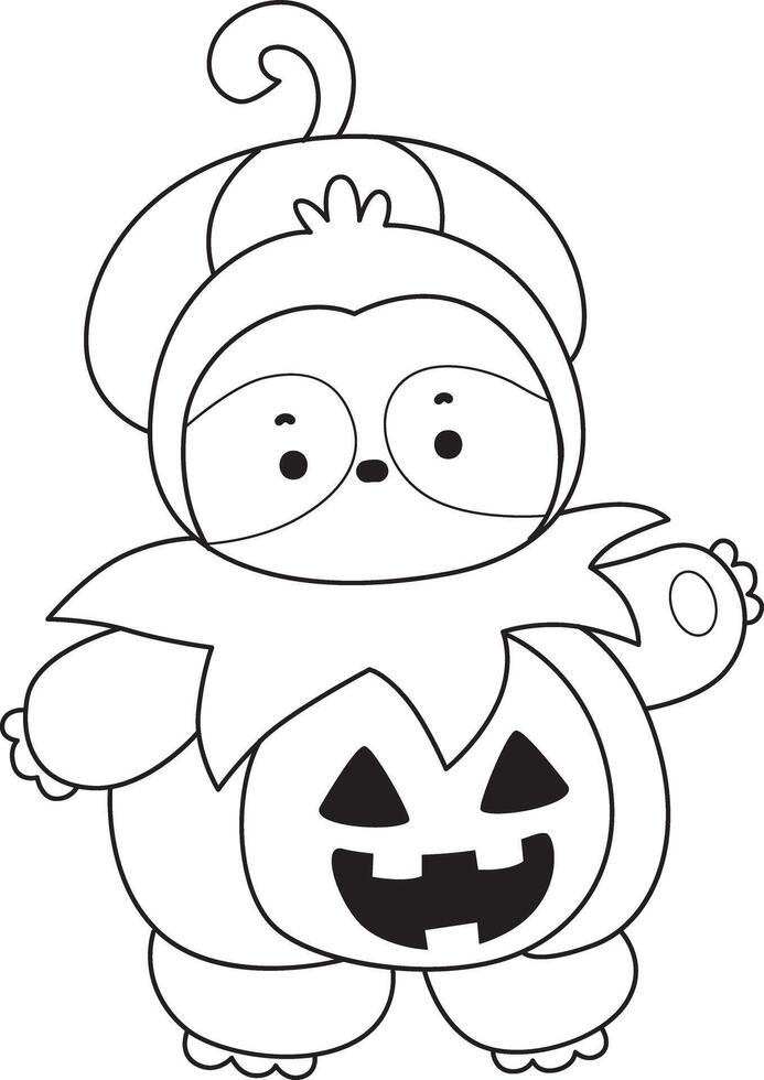 Outline of sloth wearing a pumpkin costume in halloween. Coloring pages of cute sloth. vector