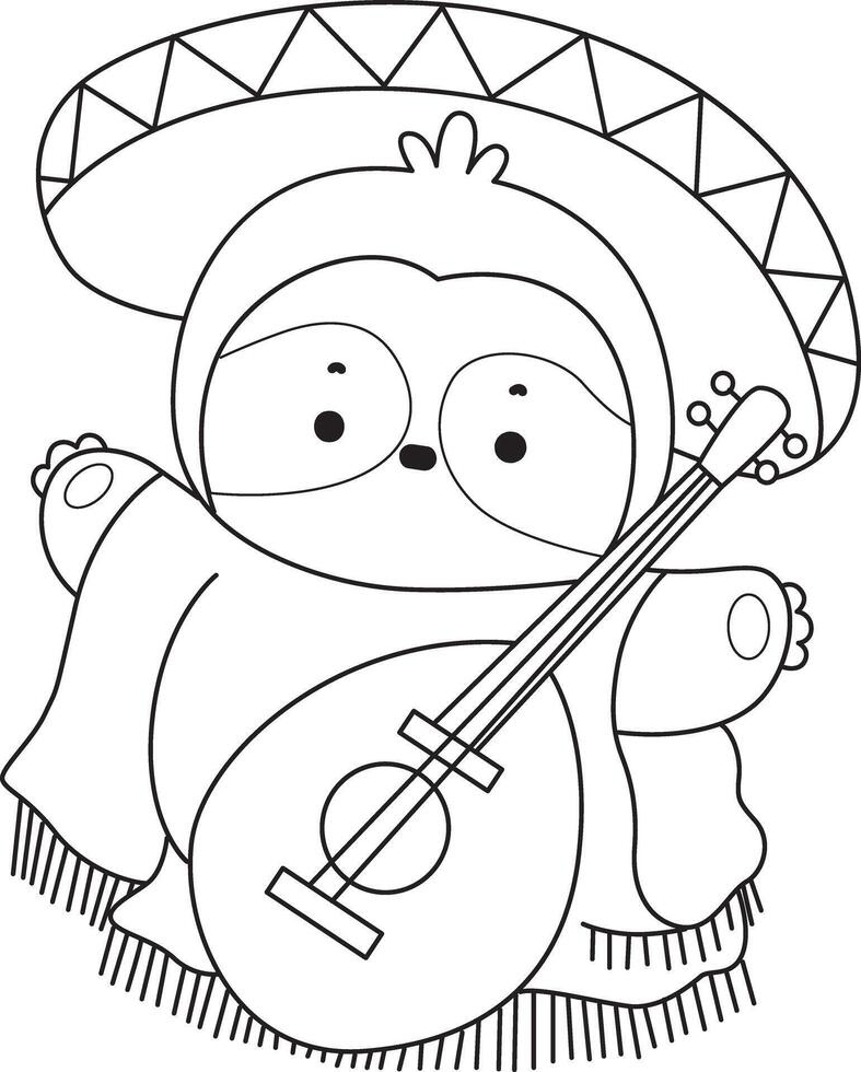 Outline of sloth wearing indiana costume. Coloring pages of cute sloth. vector