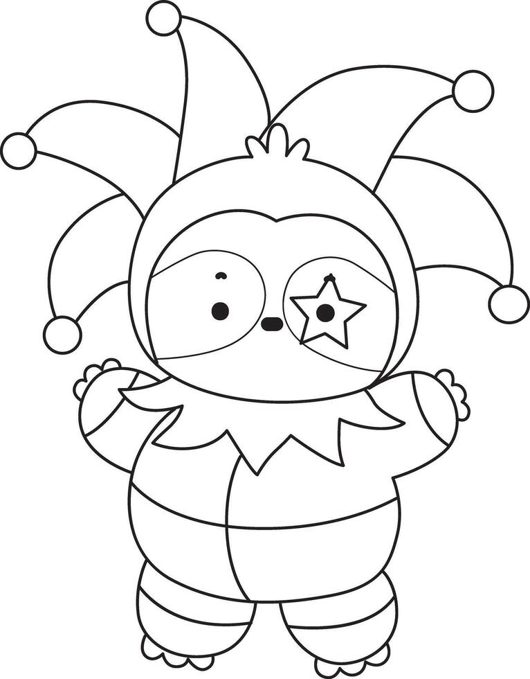 Outline of sloth wearing a clown costume. Coloring pages of cute sloth. vector