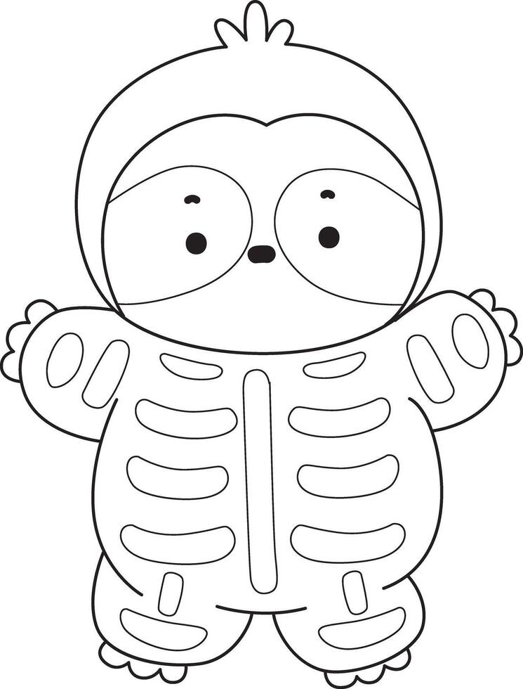 Outline of sloth wearing a skull costume. Coloring pages of cute sloth. vector