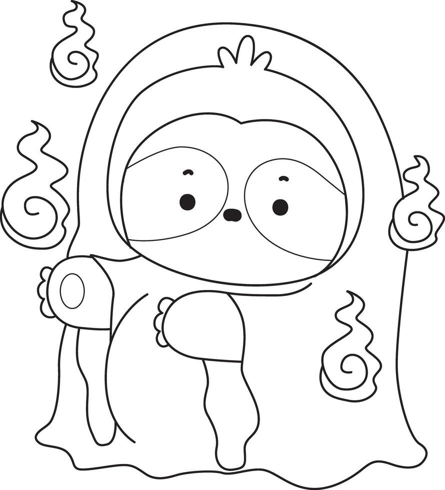 Outline of sloth wearing a white ghost costume Coloring pages of cute sloth. vector