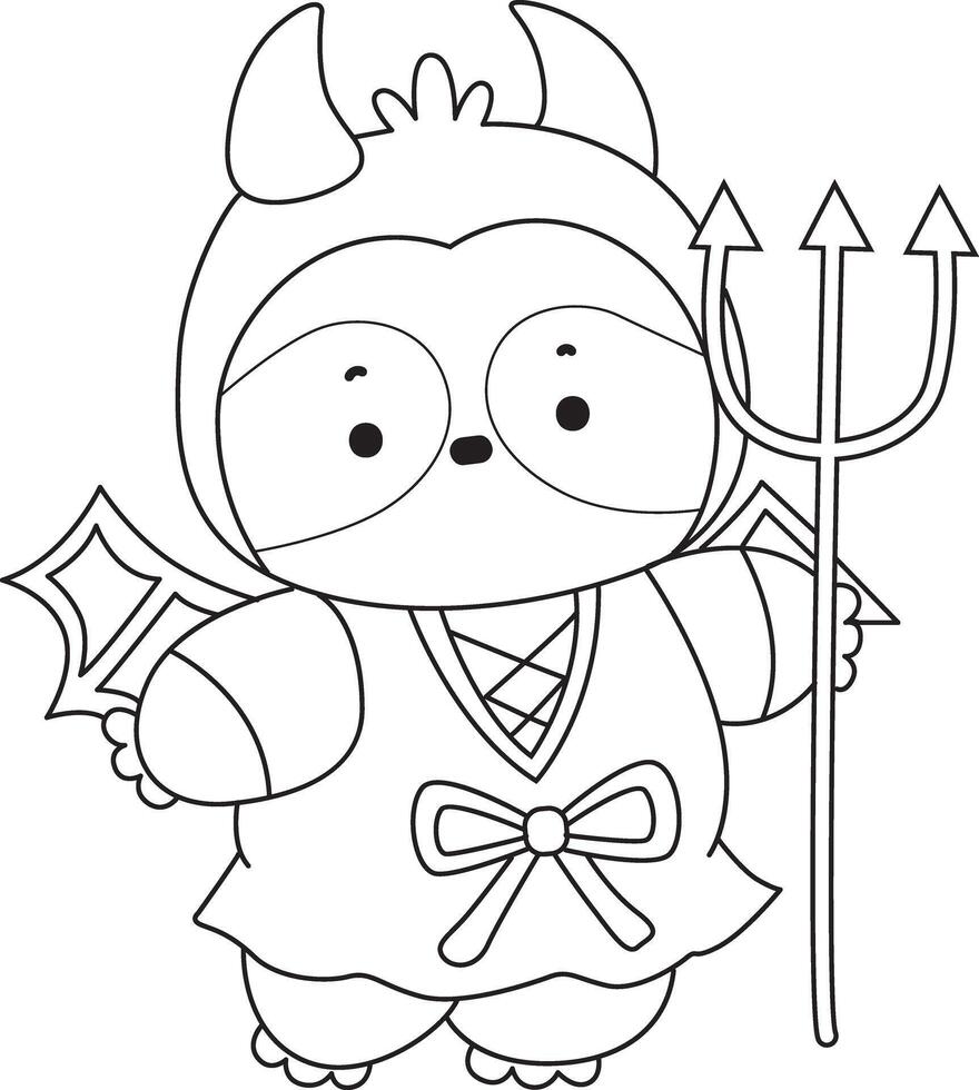 Outline of sloth wearing a red devil costume. Coloring pages of cute sloth. vector