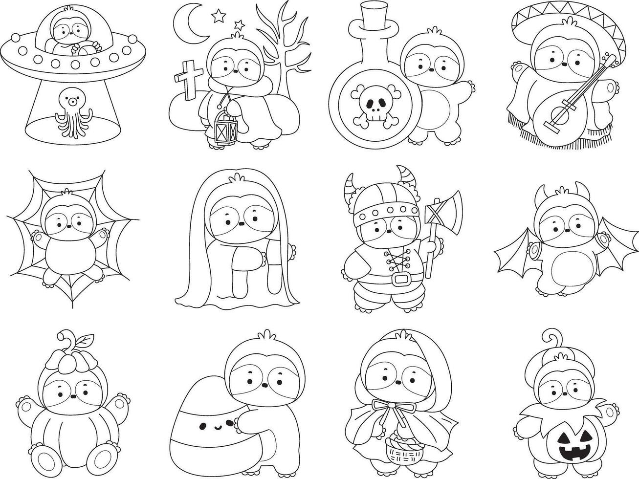 Outline of sloth in the variation of halloween costume. Coloring pages of cute sloth. vector