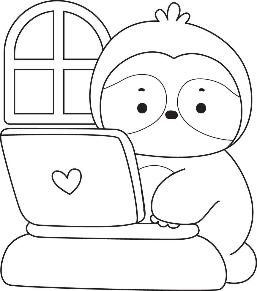 Outline of sloth working in the notepad. Coloring pages of cute sloth. vector
