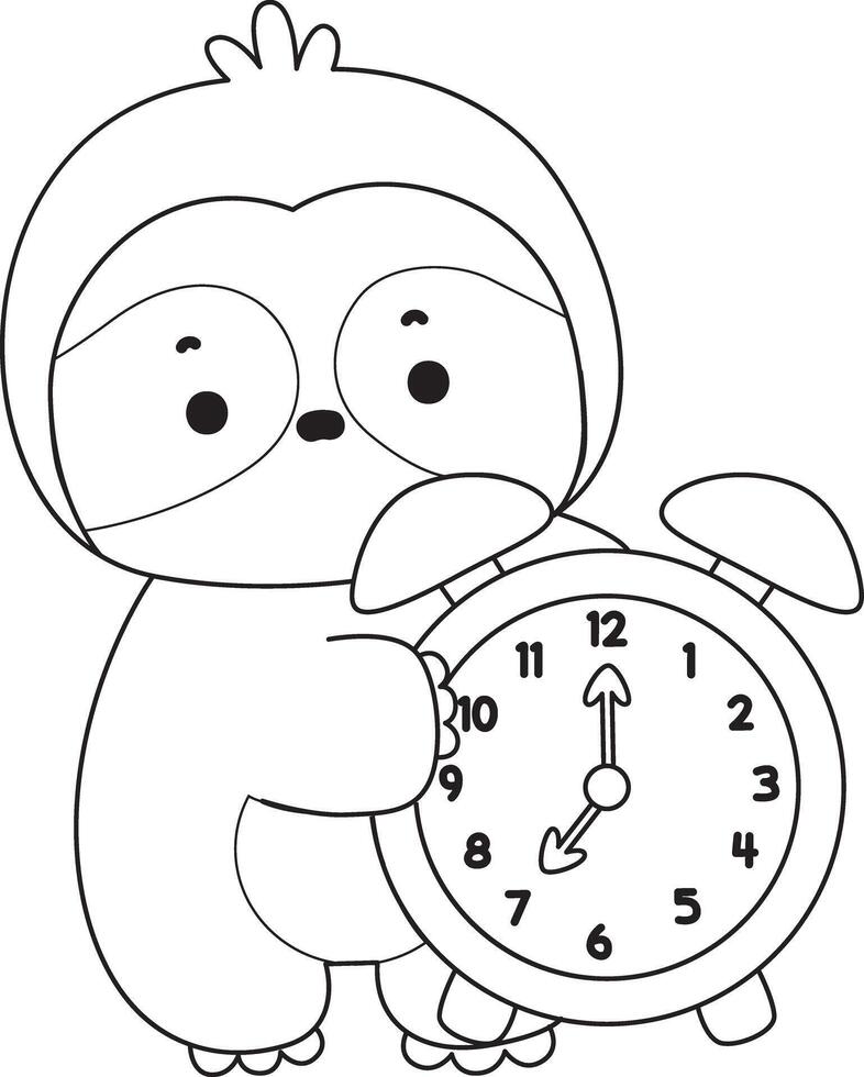 Outline of sloth bring an alarm clock. Coloring pages of cute sloth. vector