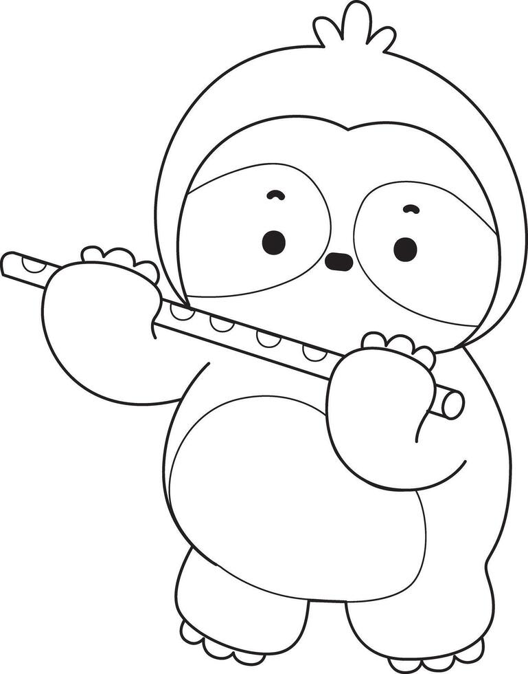 Outline of sloth playing a flute. Coloring pages of cute sloth. vector