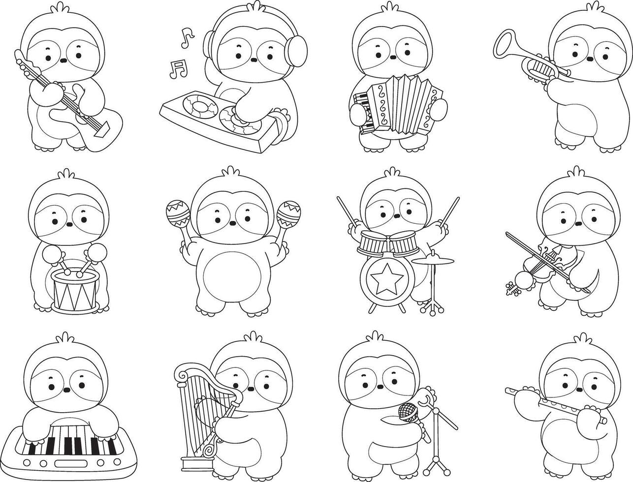 Outline of sloth in the variation of music and instrument. Coloring pages of cute sloth. vector