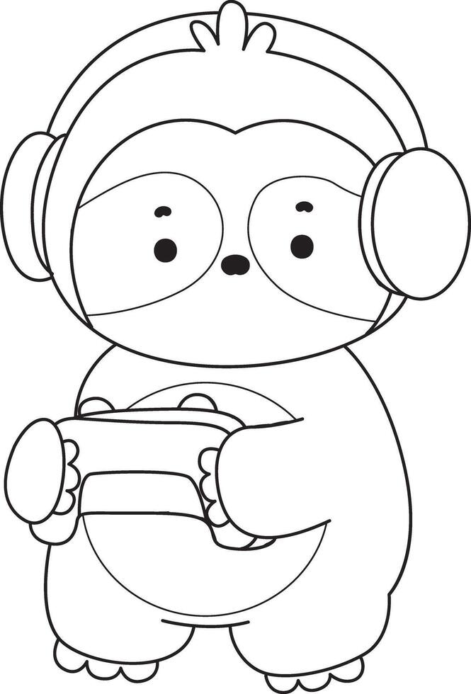 Outline of sloth playing a game. Coloring pages of cute sloth. vector