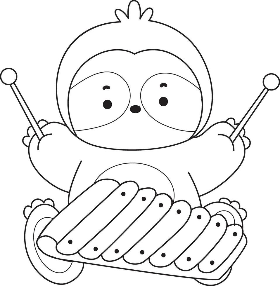 Outline of sloth playing a xylophone. Coloring pages of cute sloth. vector