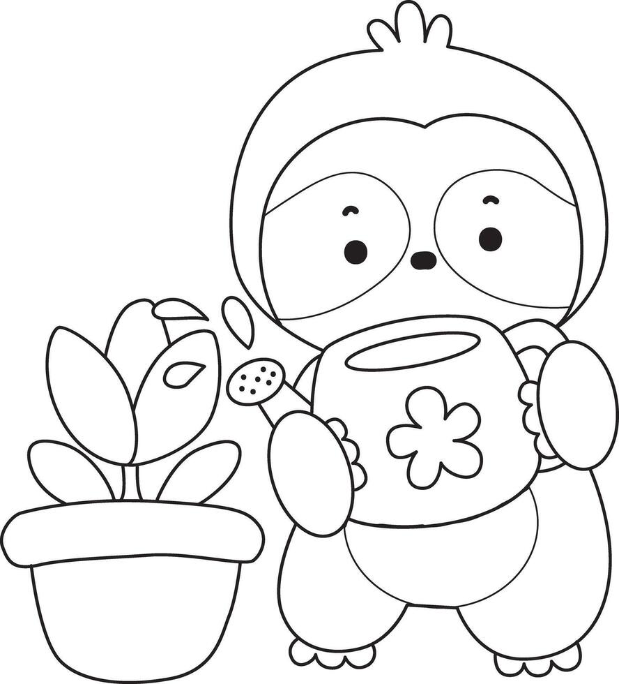 Outline of sloth watering a tulip flower. vector