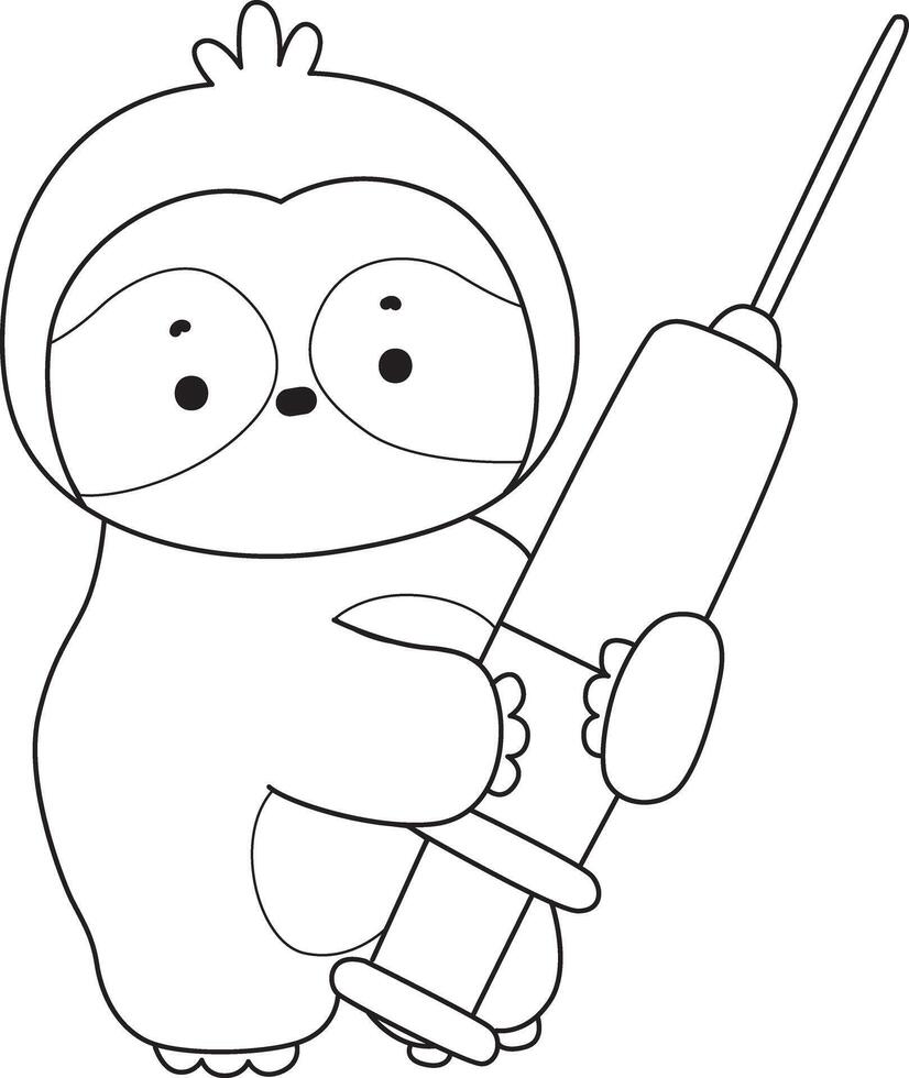 Outline of sloth bring a syringe. Coloring pages of cute sloth. vector