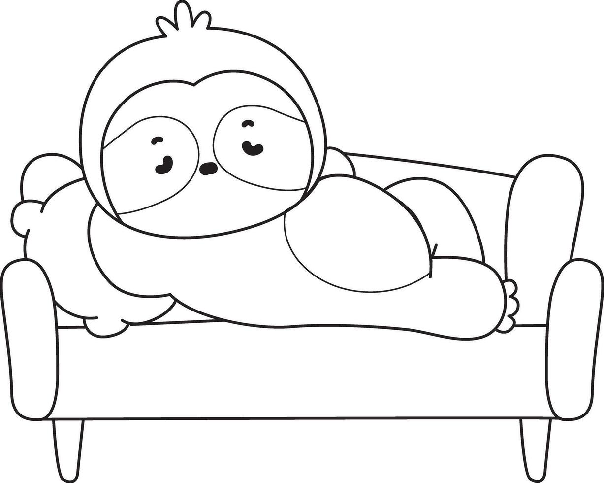 Outline of sloth laying in the couch. Coloring pages of cute sloth. vector
