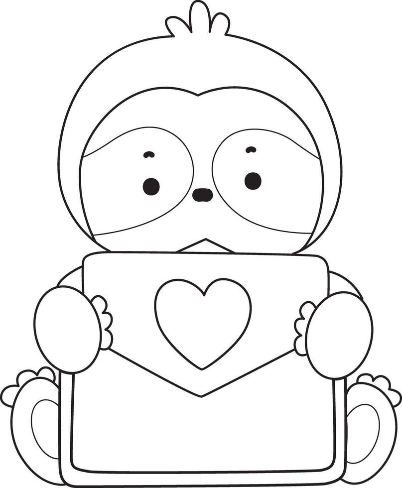 Outline of sloth bring a love letter. Coloring pages of cute sloth. vector