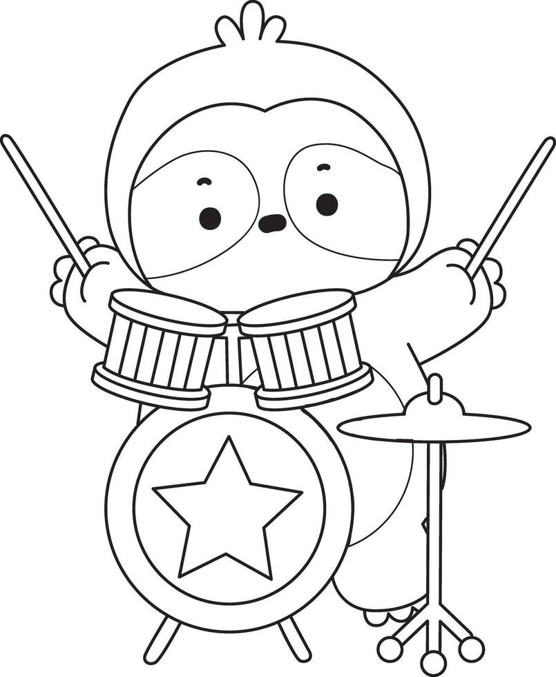 Outline of sloth playing a drum. Coloring pages of cute sloth. vector