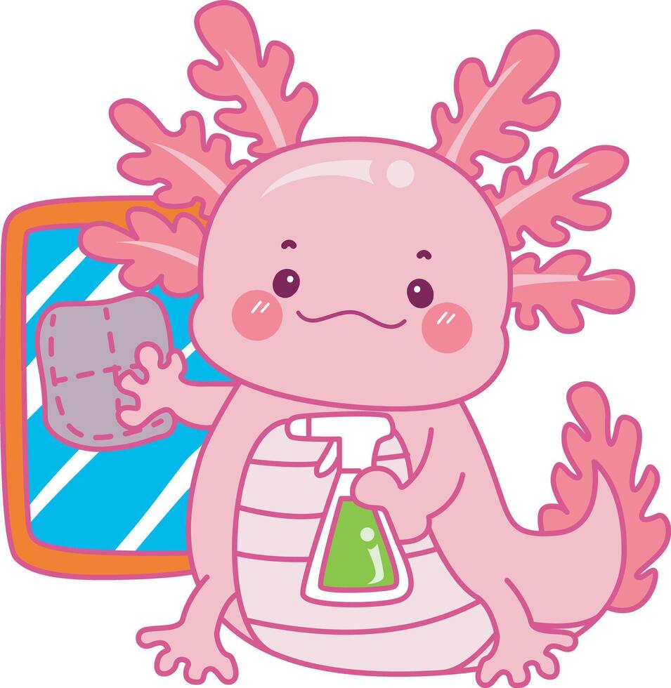 Axolotl wipe the window. Illustration of cute axolotl activities icon. vector