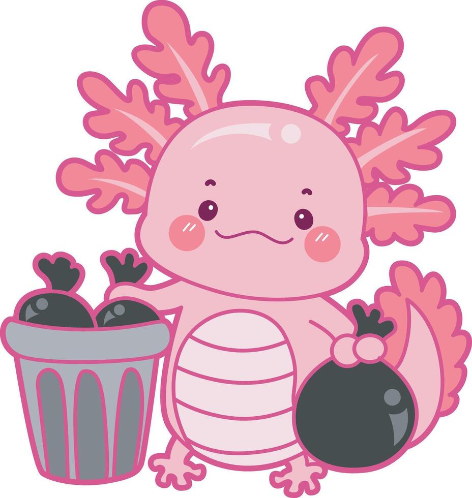 Axolotl throw the garbage into its place. Illustration of cute axolotl activities icon. vector