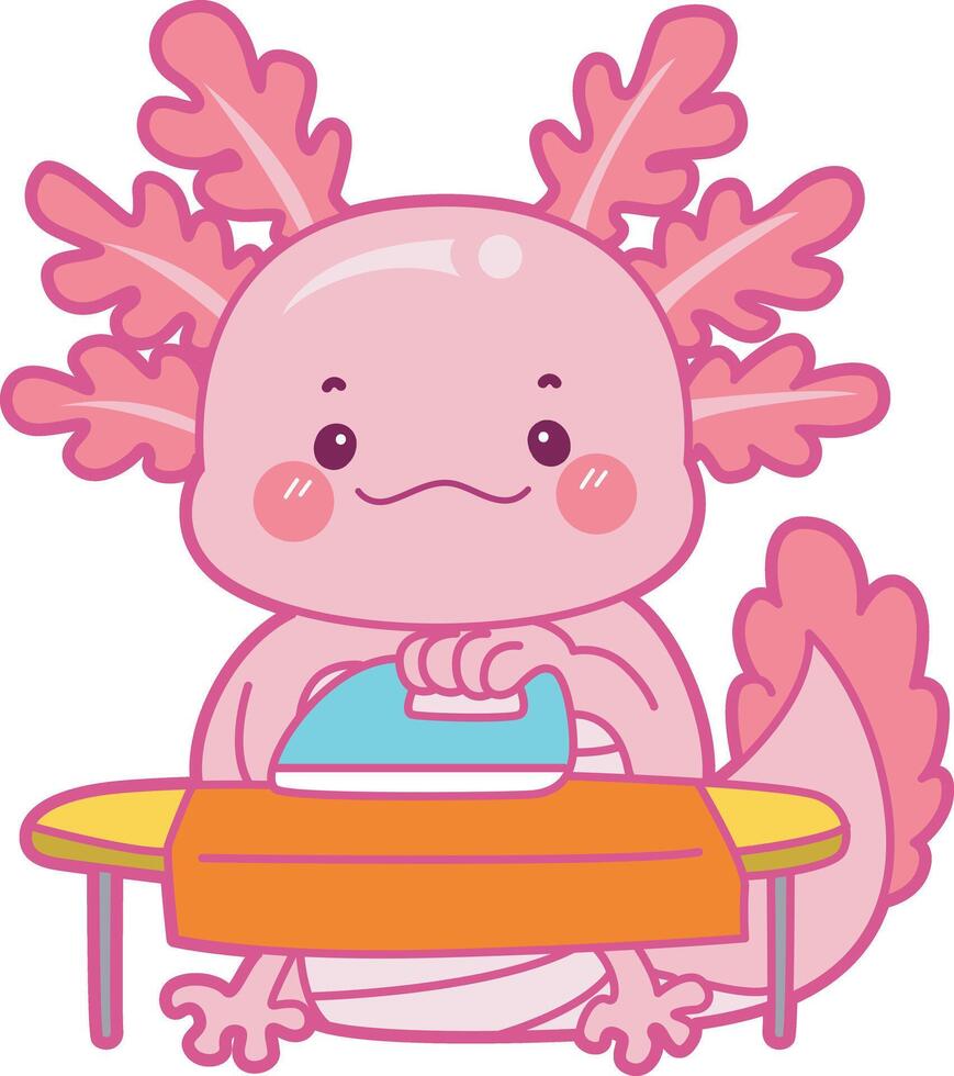 Axolotl ironing the clothes. Illustration of cute axolotl activities icon. vector