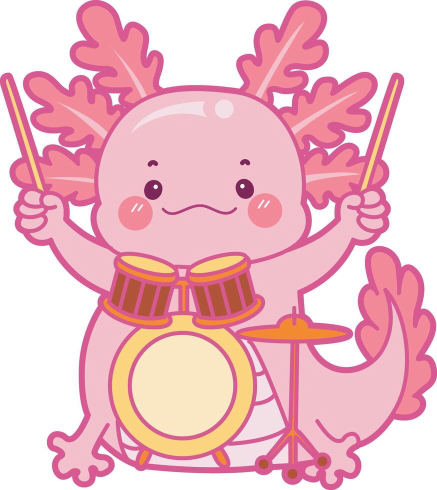 Axolotl playing a drum. Illustration of cute axolotl activities icon. vector